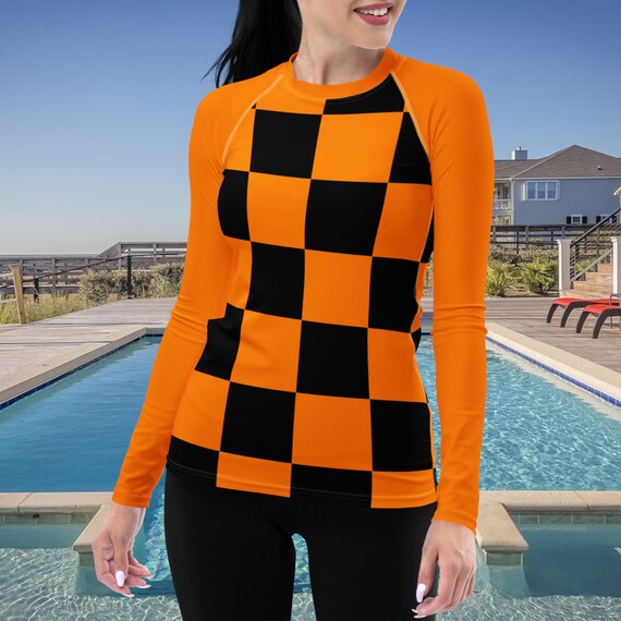 Bright Orange and Black Women's Rash Guard with Bright Orange Long Sleeves, Swimwear / Activewear Top, Mix and Match Women's Swimsuits