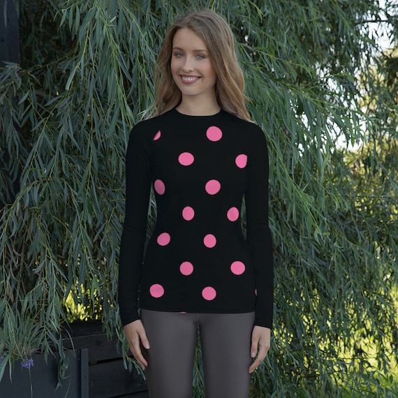 Black with Brilliant Rose Pink Polka Dots Women's Rash Guard, Swimwear / Activewear Top for Ladies, Mix and Match Women's Swimsuits