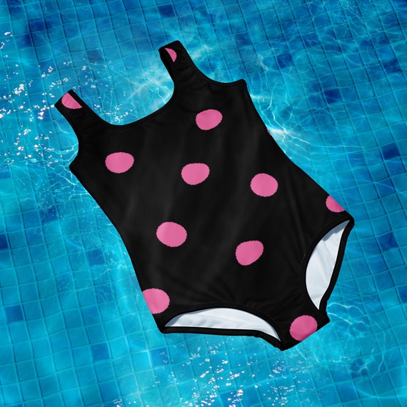 Black with Brilliant Rose Pink Polka Dots Youth Swimsuit