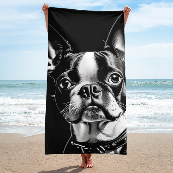 Black Boston Terrier Beach Towel, Soft Dog Print Towel, Cute Pet Lover Gift, Premium Quality Towel, 30 x 60