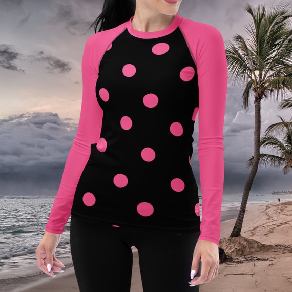 Black with Brilliant Rose Pink Polka Dots & Sleeves Women's Rash Guard, Swimwear / Activewear Top for Ladies, Mix and Match Swimsuits