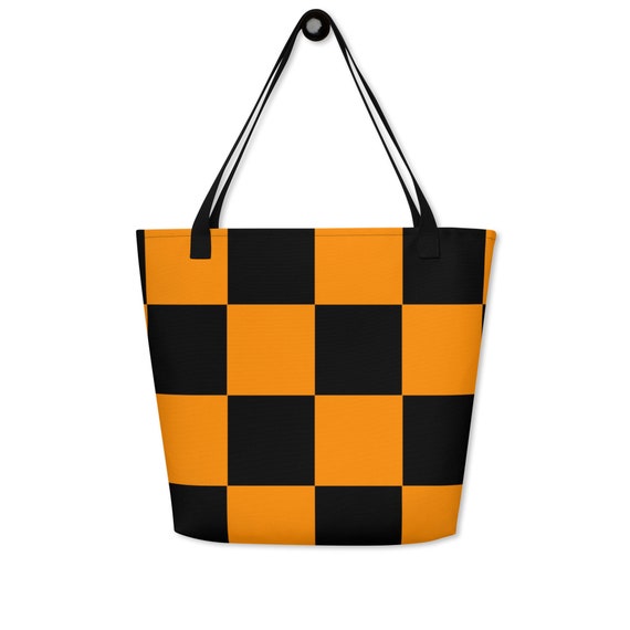 Bright Orange and Black Checkers Large Tote Bag