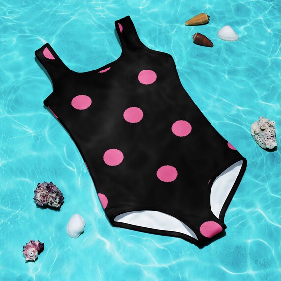 Black with Brilliant Rose Pink Polka Dots Kids Swimsuit