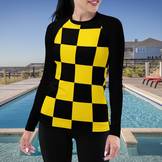 Black and Yellow Checker Women's Rash Guard with Black Long Sleeves, Swimwear / Active Wear Top, Mix and Match Women's Swimsuits