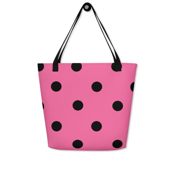 Brilliant Rose Pink with Black Polka Dots Large Tote Bag