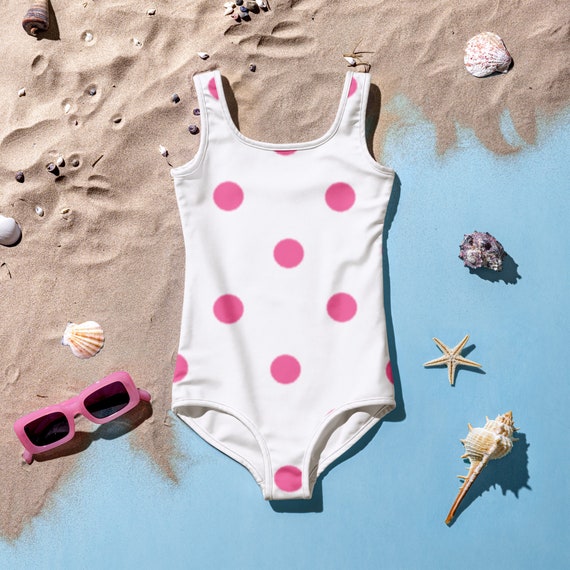 White with Brilliant Rose Pink Polka Dots Toddler Swimsuit