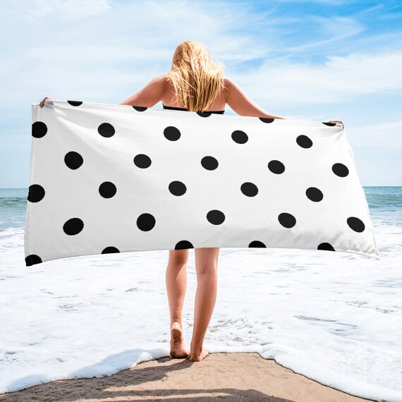 White with Black Polka Dots Beach Towel, Vibrant Color Pool Towel, Soft Premium Quality Bath Towel,  30 x 60
