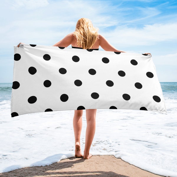 White with Black Polka Dots Beach Towel, Vibrant Color Pool Towel, Soft Premium Quality Bath Towel,  30 x 60