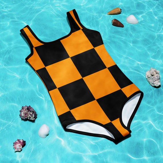 Black and Orange Checker One Piece Kids Swimsuit