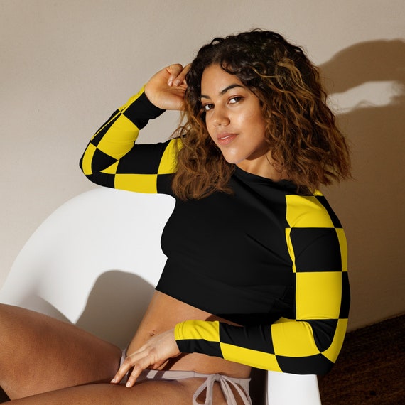 Black Ladies Crop Top with Bight Yellow and Black Checker Long Sleeves , Swimwear / Activewear for Women