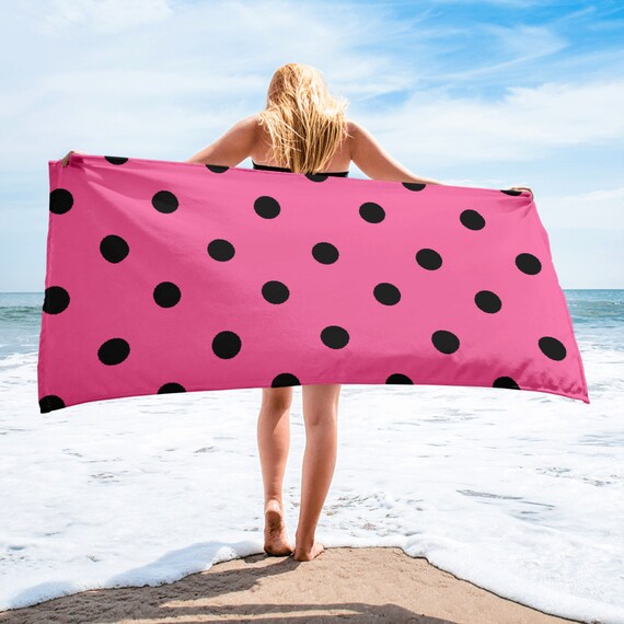 Brilliant Rose Pink with Black Polka Dots Beach Towel, Vibrant Color Pool Towel, Soft Premium Quality Bath Towel,  30 x 60