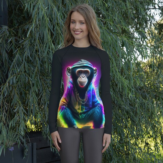 Rainbow Monkey Women's Long Sleeve Rash Guard Swim Top, Mix and Match Women's Swimsuits