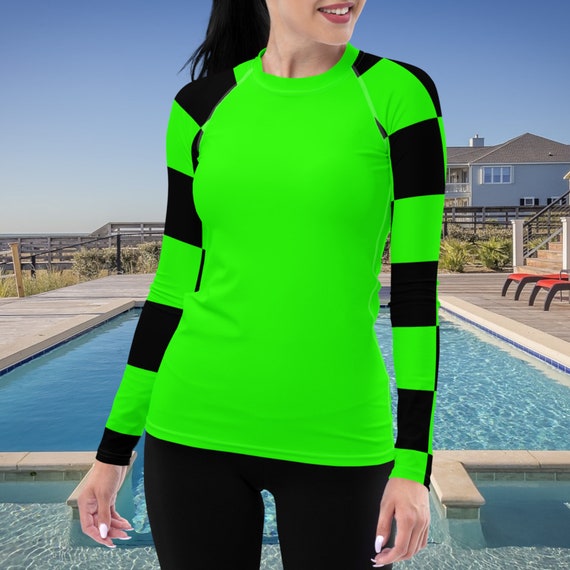 Green Women's Rash Guard with Black and Green Checker Long Sleeves, Swimwear / Activewear Top, Mix and Match Women's Swimsuits