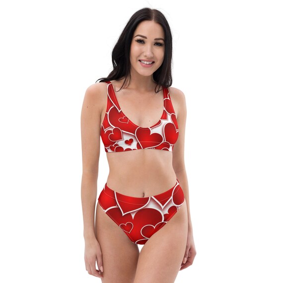 Personalized high-waisted eco-friendly bikini with all-over print of red hearts