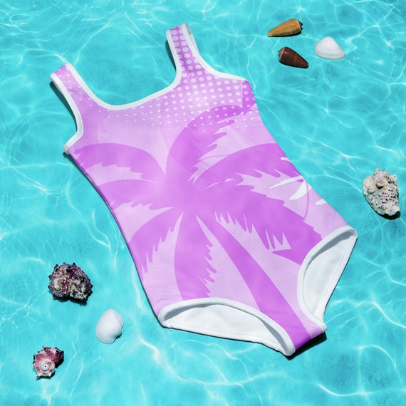 Light Lavender Palm Tree One Piece Girl's Swimsuit, Swimwear for Kids