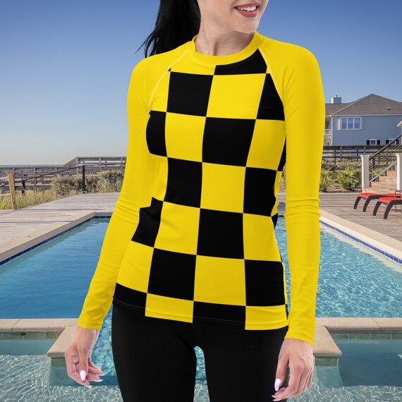 Yellow and Black Women's Rash Guard With Yellow Long Sleeves, Swimwear / Active Wear Top, Mix and Match Women's Swimsuits