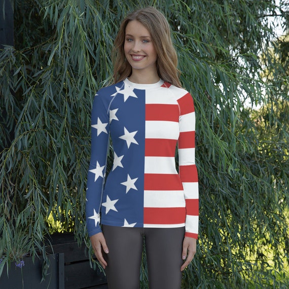 American Flag Women's Long Sleeve Rash Guard Swimwear  / Activewear Top, Mix and Match Women's Swimsuits