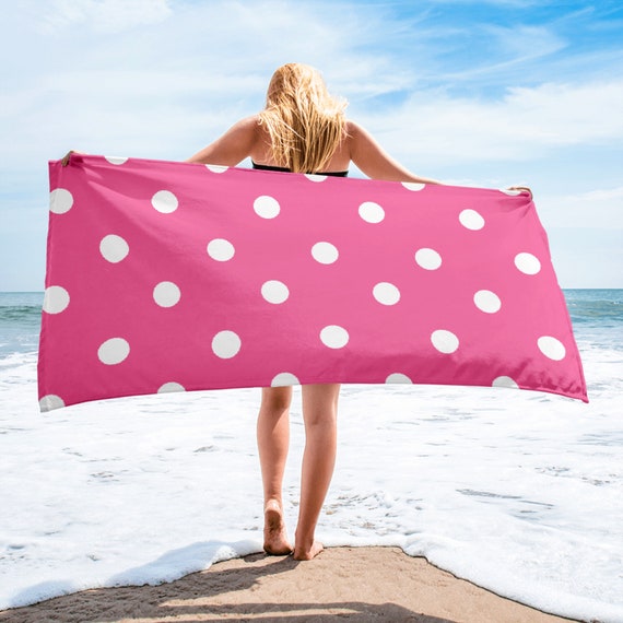 Brilliant Rose Pink with White Polka Dots Beach Towel, Vibrant Color Pool Towel, Soft Premium Quality Bath Towel,  30 x 60