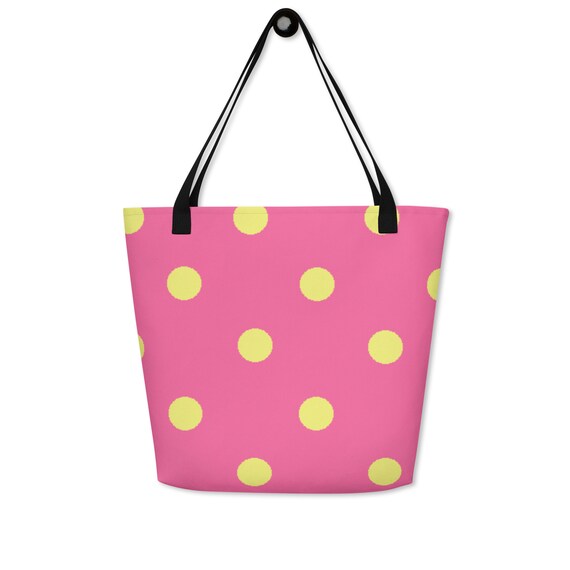 Brilliant Rose Pink with Dolly Yellow Polka Dots Large Tote Bag
