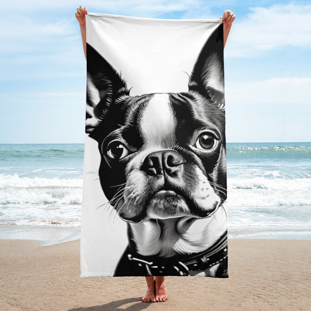 Black Boston Terrier Beach Towel, Soft Dog Print Towel, Cute Pet Lover ...