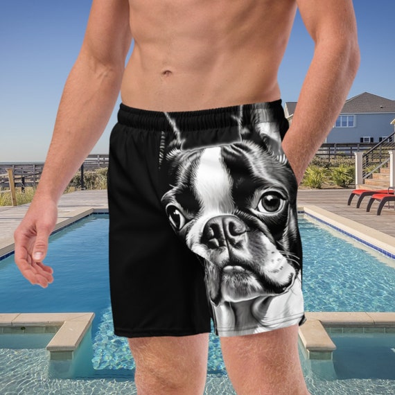 Black and White Boston Terrier Men's Swim Trunks