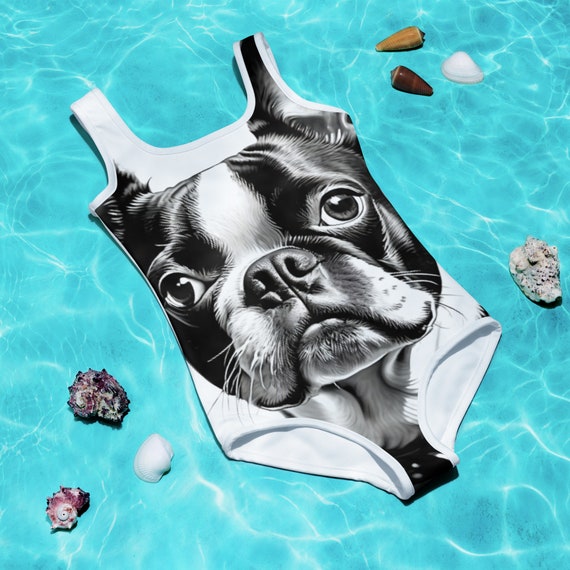 White and Black Boston Terrier Kids Swimsuit