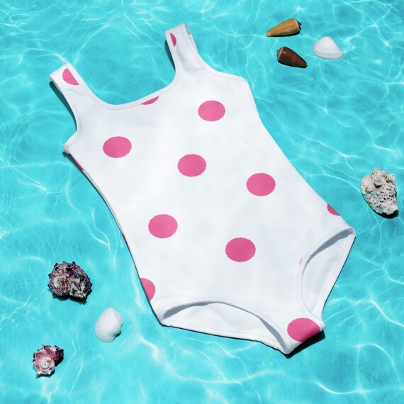 White with Brilliant Rose Pink Polka Dots Kids Swimsuit