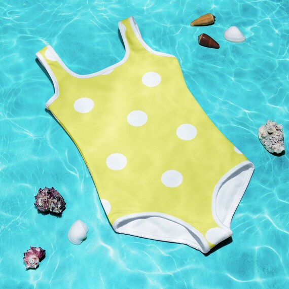 Dolly Yellow with White Polka Dots Kids Swimsuit