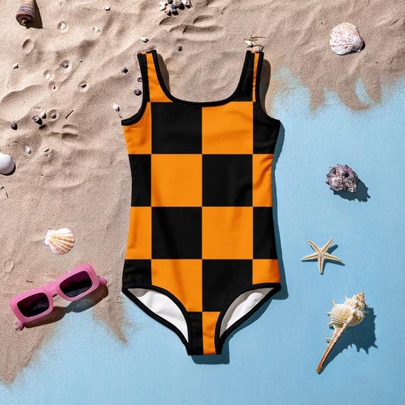 Black and Orange Checker One Piece Kids Swimsuit