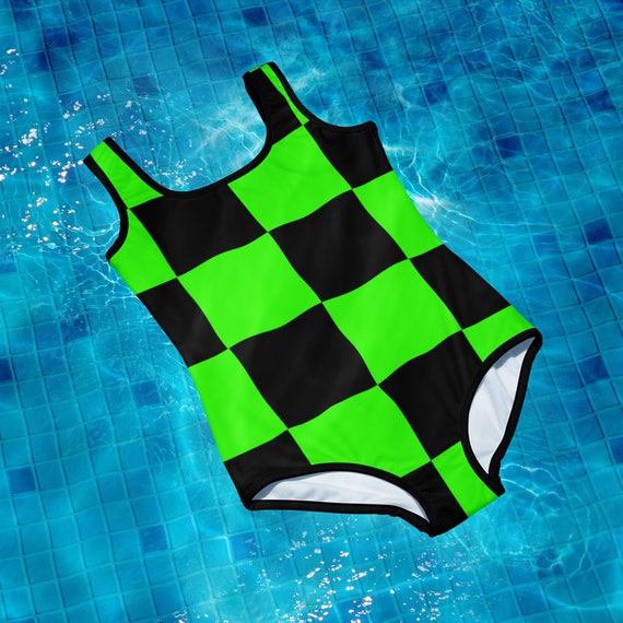 Black and Green Checker Youth Swimsuit