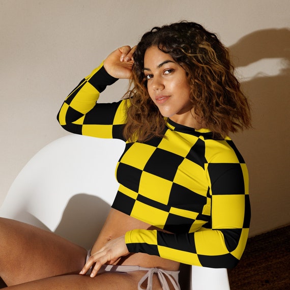 Black and Bright Yellow Checker Ladies Crop Top with Checker Long Sleeves , Swimwear / Activewear for Women, Mix and Match Women's Swimsuits