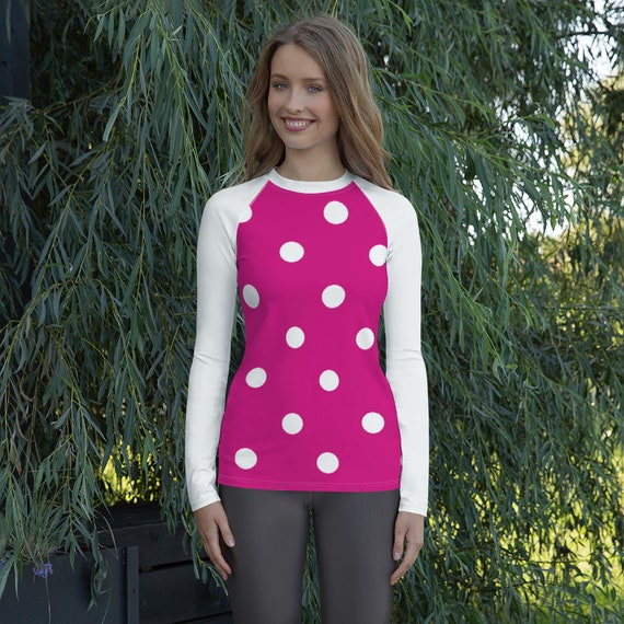 Brilliant Rose Pink with White Polka Dots & Sleeves Women's Rash Guard, Swimwear / Activewear for Ladies, Mix and Match Women's Swimsuits