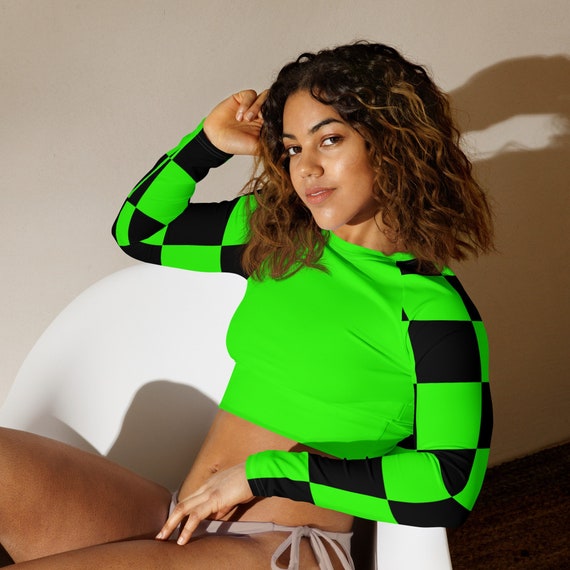 Ladies Bright Green Crop Top with Black and Bright Green Checker Long Sleeves, Swimwear / Activewear for Women, Mix and Match Swimsuits