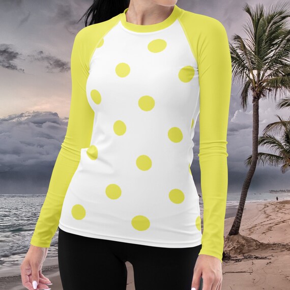 White with Dolly Yellow Polka Dots & Sleeves Women's Rash Guard, Swimwear / Activewear for Ladies, Mix and Match Women's Swimsuits