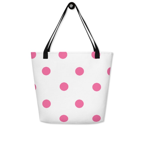 White with Brilliant Rose Pink Polka Dots Large Tote Bag