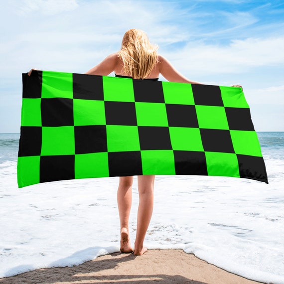 Neon Bright Green and Black Checkers Beach Towel, Vibrant Color Pool Towel, Soft Premium Quality Bath Towel,  30 x 60