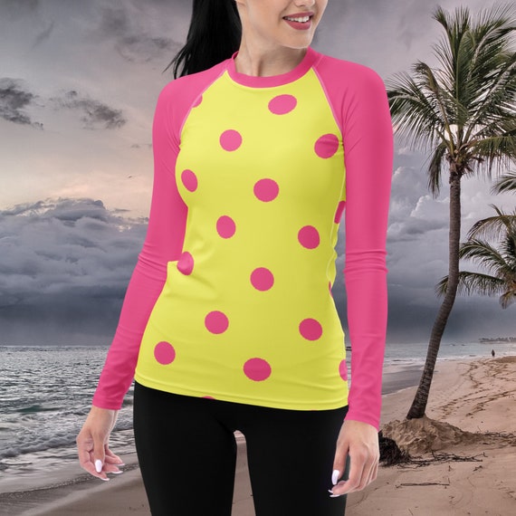 Dolly Yellow with Brilliant Rose Pink Polka Dots & Sleeves Women's Rash Guard, Swimwear / Activewear Top for Ladies, Mix and Match Swimsuits