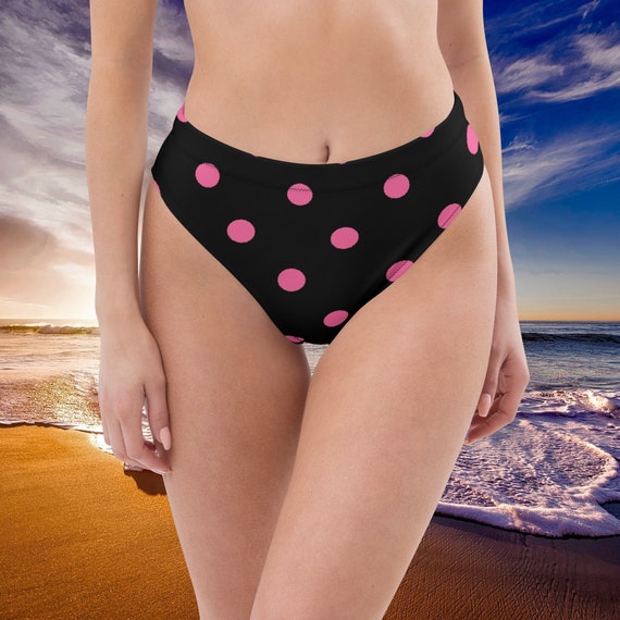 Black & Brilliant Rose Pink Dots High-Waisted Bikini Bottom, Mix and Match Women's Swimsuits