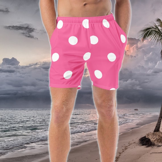 Brilliant Rose Pink & White Polka Dot Men's swim trunks