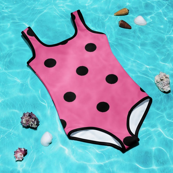 Brilliant Rose Pink with Black Polka Dots Kids Swimsuit