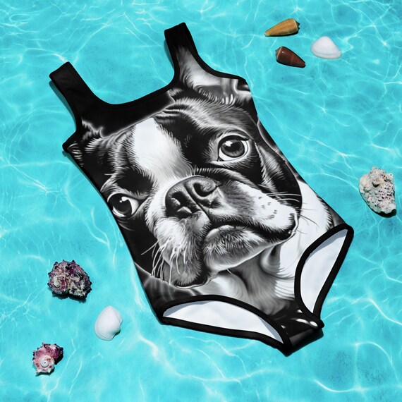 Black and White Boston Terrier  Kids One Piece Swimsuit