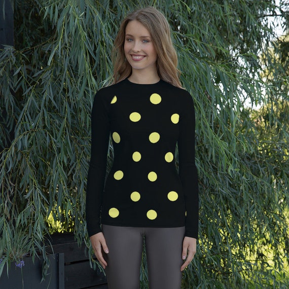 Black with Dolly Yellow Polka Dots Women's Rash Guard, Swimwear / Activewear for Ladies, Mix and Match Women's Swimsuits