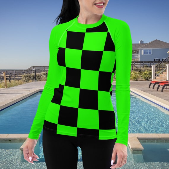 Bright Green and Black Checker Women's Rash Guard with Bright Green Long Sleeves, Swimwear / Activewear Top, Mix and Match Women's Swimsuits