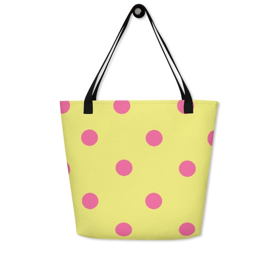 Dolly Yellow with Brilliant Rose Pink Polka Dots Large Tote Bag