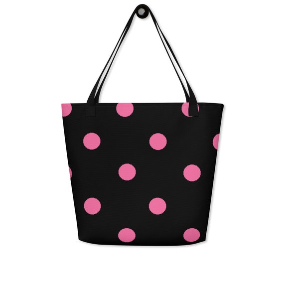 Black with Brilliant Rose Pink Polka Dots Large Tote Bag