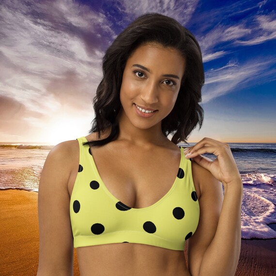 Dolly Yellow and Black Polka Dots Padded Bikini Top, Mix and Match Women's Swimsuits