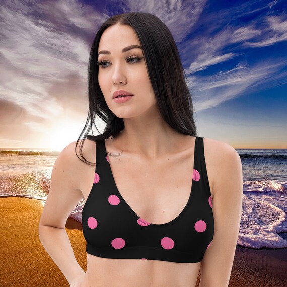 Black and Brilliant Rose Pink Polka Dot Padded Bikini Top, Mix and Match Women's Swimsuits