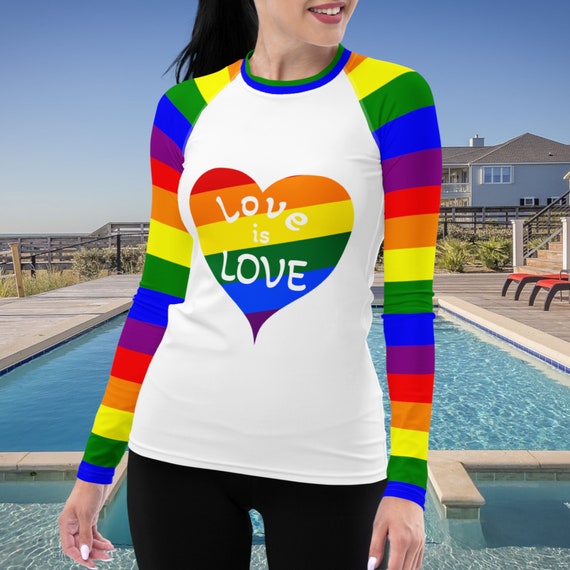 White with Rainbow Heart Love is Love Rash Guard with Rainbow Long Sleeves, Swimwear / Activewear for Ladies, Mix and Match Swimsuits