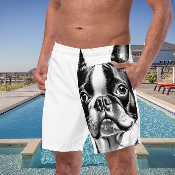 White and Black Boston Terrier Men's Swim Trunks