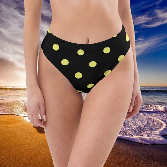 Black with Dolly Yellow Polka Dots High-Waisted Bikini Bottom, Mix and Match Women's Swimsuits